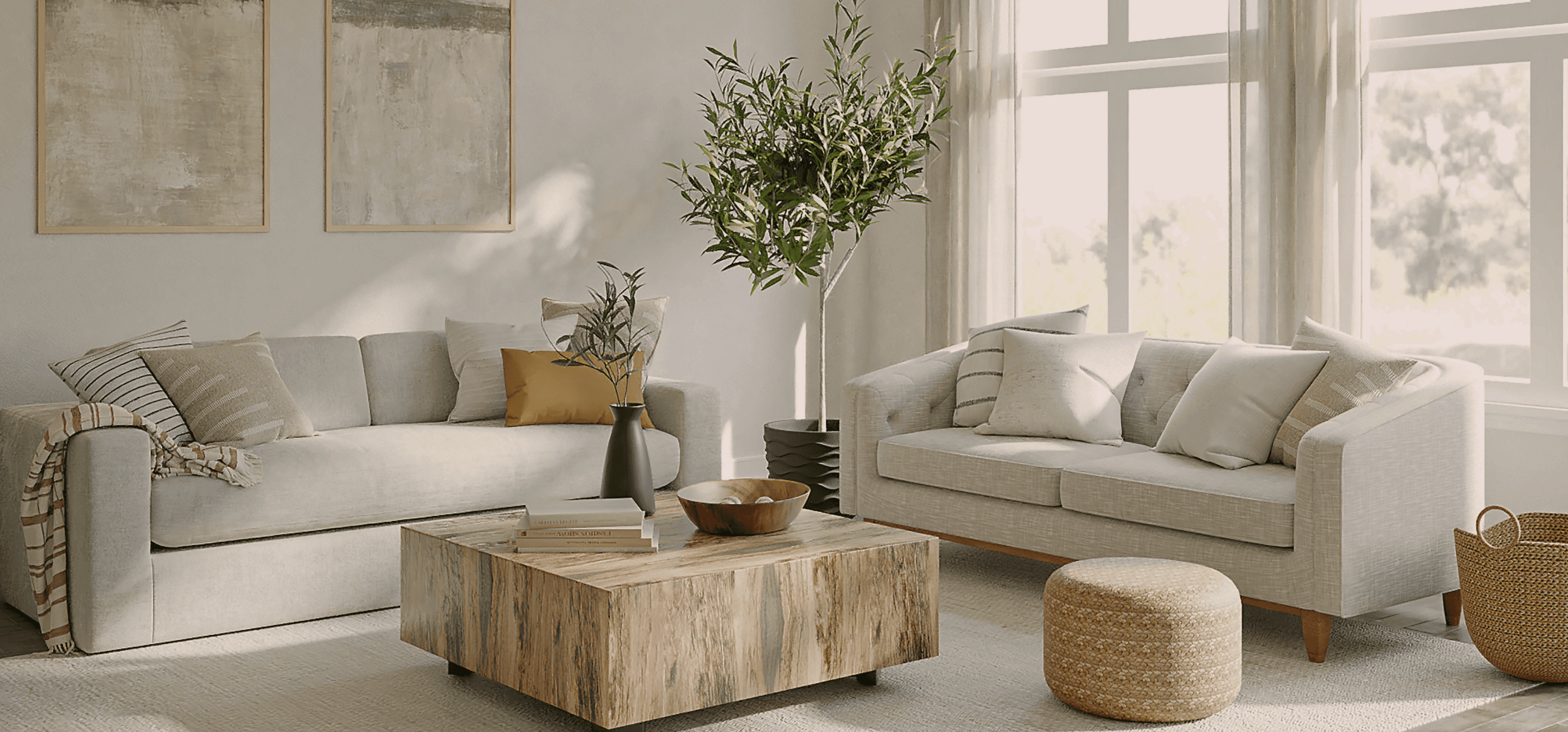 Modern living room with neutral tones and plants.